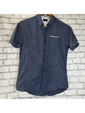 7 Diamonds Shirt Men's Medium Blue Short Sleeve Button Up Preppy Loop Collar